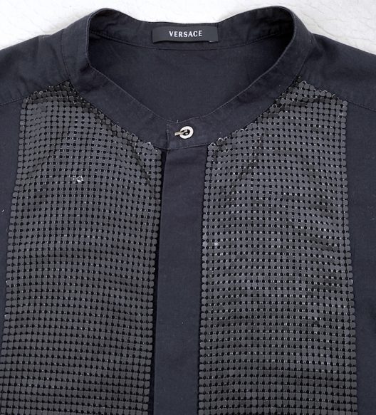 Versace dress shirt hidden buttons, metallic mesh detail