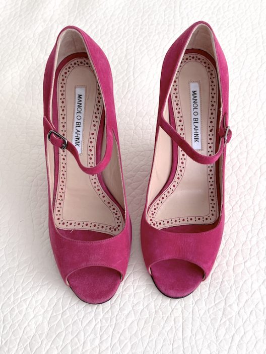 Manolo Blahnik fuchsia suede wedge shoe