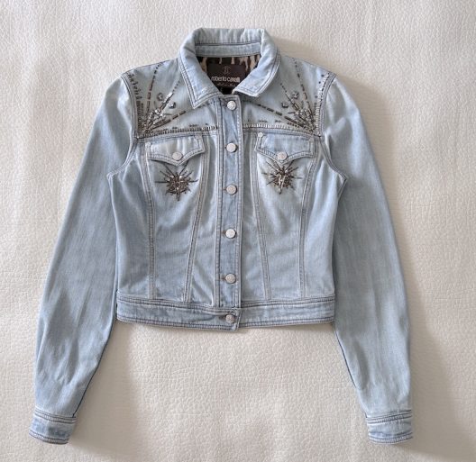 Roberto Cavalli denim jacket embellishment with metallic details