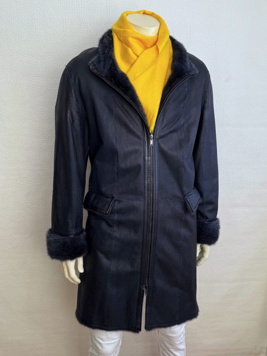 Navy leather coat with mink lining