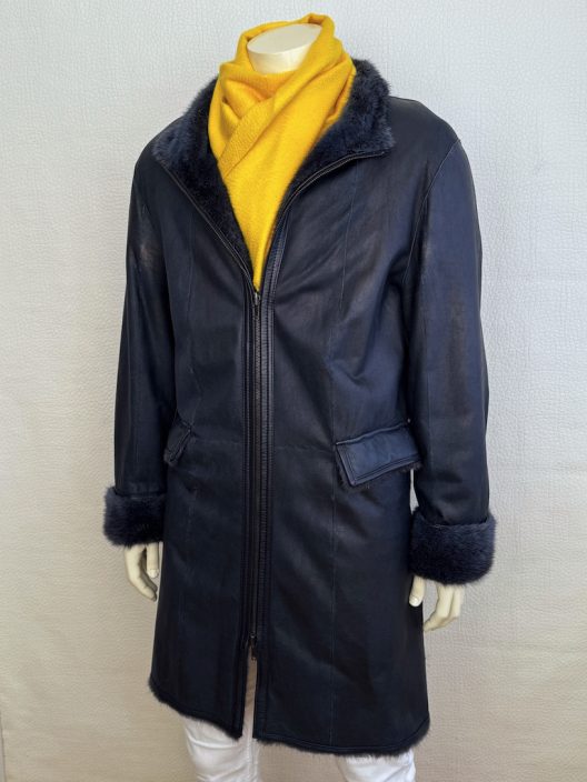 Navy leather coat with mink lining