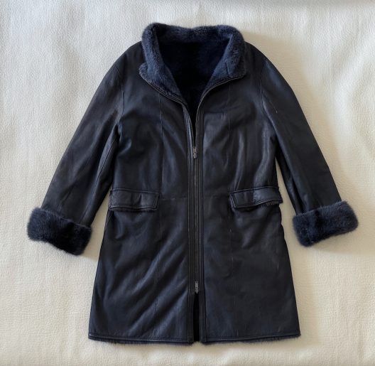 Navy leather coat with mink lining