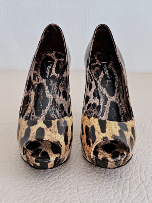 Dolce & Gabbana Animal Print Patent Leather Peep Toe Heels