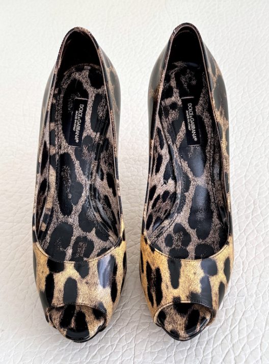 Dolce & Gabbana Animal Print Patent Leather Peep Toe Heels